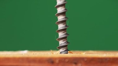 Vidası tahta tahtaya tornavidayla vidalanmış. Aşırı makro. Uzayı kopyala Elektrikli matkapla vidayı sıkma işlemi. Tahtadaki koltuğa vidalanan vidayı yakın plan.