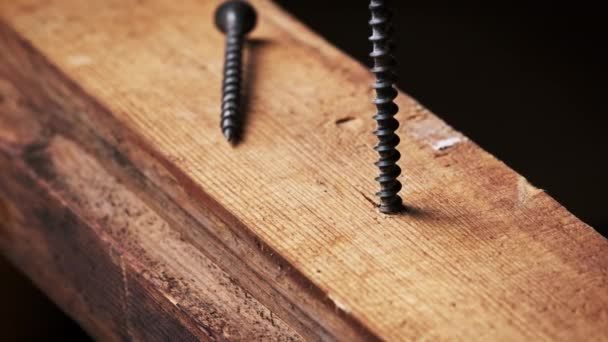 Śruba Jest Przykręcana Deski Drewnianej Śrubokrętem Zbliżenie Śruba Samogwintująca Wkręcona — Wideo stockowe
