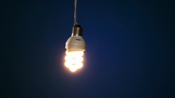蛍光灯が点灯し ちらつき 電気線に揺れます スパイラルチューブ電球をオンとオフに暗い青の背景に クローズアップをオンにしました アイデア コピースペース4K 電球を節約する電気エネルギー — ストック動画