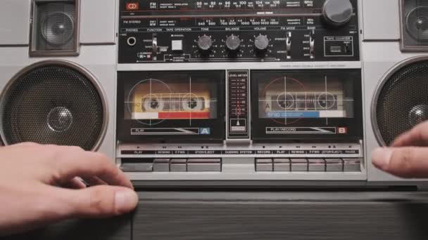 Play Audio Cassette Old Radio Boombox Player Listen Retro Stereo — Stock Video