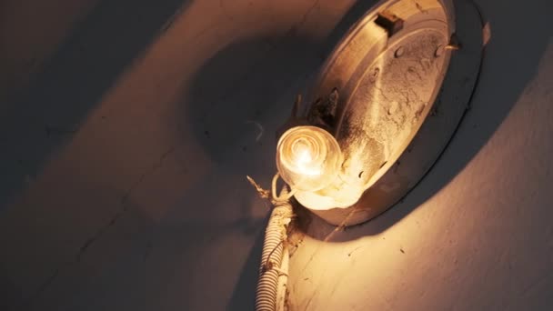 一个白炽灯泡在楼梯井混凝土墙上的一盏破灯里闪烁着光芒 灯丝灯在装有蜘蛛网固定在墙上的旧电盒中闪烁着黄光 — 图库视频影像