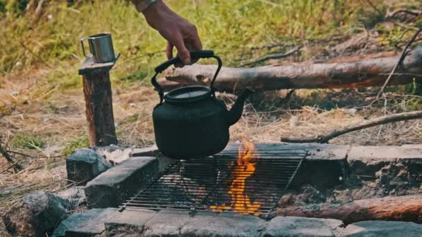 Wasserkocher Über Dem Feuer Ein Tourist Holt Eine Teekanne Aus — Stockvideo