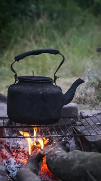 火上的茶壶 一个古老的烟熏水壶是用石子铺在地面上的自制旅游炉上的开水 在野营附近的森林篝火上泡茶 — 图库视频影像
