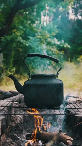 垂直的 古老的水壶站在自然的旅游篝火上 被烟尘熏黑的茶壶在土里用石头做的人造旅游炉上沸腾着 在篝火上泡茶 — 图库视频影像