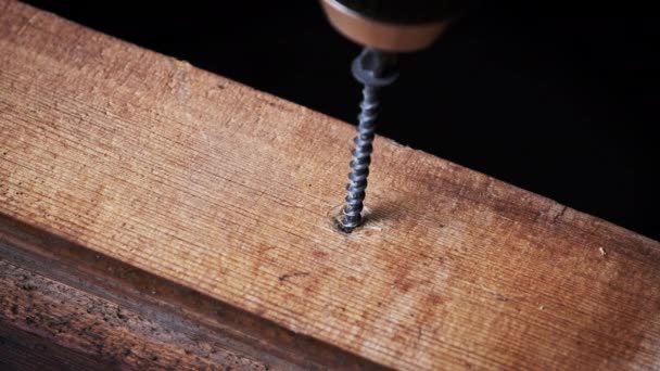 螺丝用螺丝刀螺钉在木板上 非常宏观 复制空间 用电钻紧固螺丝的过程 雕刻螺钉被拧到木制座椅上的特写 — 图库视频影像