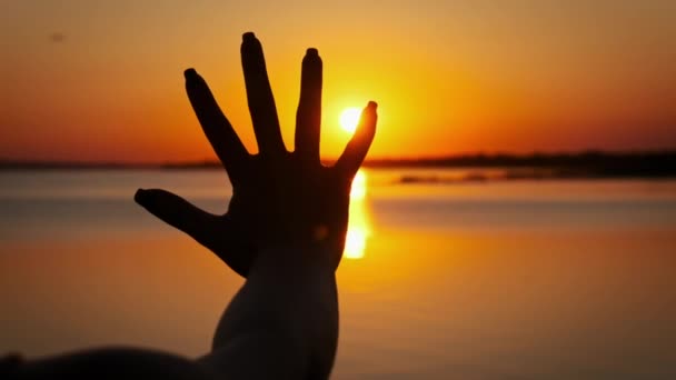 Silhouette Weibliche Hand Streckt Sich Zum Sonnenuntergang Aus Zeitlupe Sonnenstrahlen — Stockvideo
