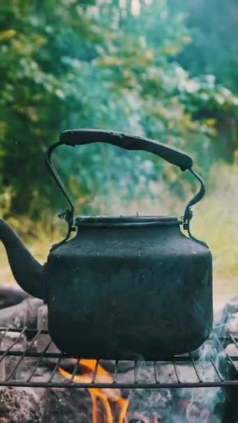 주전자 오래된 빈티지 주전자 스토브 숲에서 불꽃에 만들기 클로즈업 — 비디오