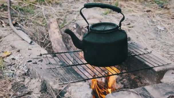 Старий Чайник Стоїть Туристичному Багатті Природі Чорне Сажею Копчений Чайник — стокове відео