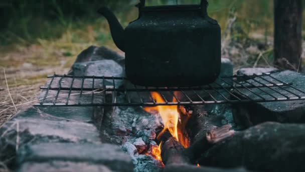 Eski Çaydanlık Doğada Bir Turist Kamp Ateşinin Üzerinde Duruyor Dumanı — Stok video