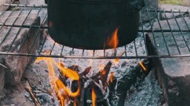 Birçok mantar bir kamp ateşinde bir tencerede pişirilir. Mantarlar, doğada kendi kendini yetiştirmiş bir ocağın üzerinde açık ateşte kaynatılır. Ormanda kamp yaparken yemek pişirmek. 4K