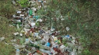 Ormanda plastik ve şişe çöplüğü var. Doğadaki sentetik atık yığını, çevre sorunları. Yasa dışı çöpler yere dökülüyor. Orman çukuruna bir sürü çöp atıldı. Ekolojik felaket