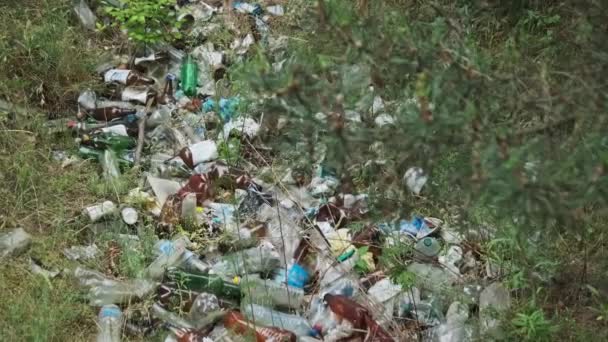 Vuilnisbelt Van Plastic Flessen Het Bos Stapel Synthetisch Afval Natuur — Stockvideo