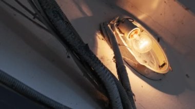 Merdiven boşluğundaki beton duvarda, kırık bir lambanın üzerinde eski bir parlak ampul parlıyor. Filament lambası, duvarda örümcek ağlarıyla sabitlenmiş eski bir elektrik kartuşunda loş bir şekilde parıldıyor..
