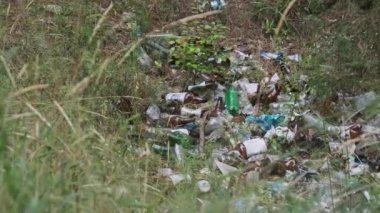 Ormanda plastik ve şişe çöplüğü var. Doğadaki sentetik atık yığını, çevre sorunları. Yasa dışı çöpler yere dökülüyor. Orman çukuruna bir sürü çöp atıldı. Ekolojik felaket