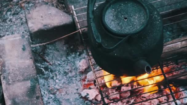 一个冒烟的茶壶是用石子铺在地上的自制旅游炉上的开水 古老的水壶矗立在大自然的旅游篝火上 在森林篝火上煮茶 — 图库视频影像