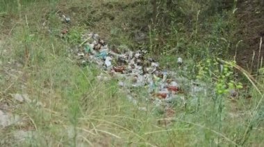 Orman çukurunda yasadışı plastik ve şişe çöplüğü. Doğada sentetik atık yığını. Ormanda bir sürü çöp var. İnsanlar tarafından yere atılan ıvır zıvırlar. Ekolojik felaket