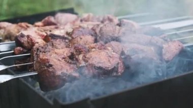 Şişte şiş kebaplar açık havada mangalda pişirilir. Kızarmış sulu domuz eti ızgarada metal şişte kızartılıyor, yakın plan. Barbekü, yaz pikniğinde mangal kömürü üzerine şiş..