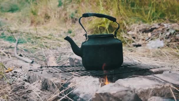 一个冒烟的茶壶是用石子铺在地上的自制旅游炉上的开水 古老的水壶矗立在大自然的旅游篝火上 在森林篝火上煮茶 — 图库视频影像