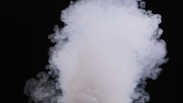 白い煙はゆっくりとした動きで黒い背景を吸う 爆発スチーム 煙や蒸気の雲が上昇する フローティングフォグ 実際の大気効果 煙の質の抽象的な粒子 スペースをコピーする 4Kについて — ストック動画
