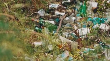 Ormanda plastik ve şişe çöplüğü var. Doğadaki sentetik atık yığını, ormanlardaki insan kirliliği. Yasa dışı çöpler yere dökülüyor. Orman bölgesinde bir sürü çöp atılıyor..