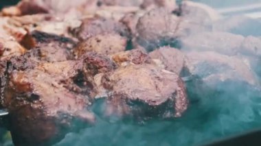 Şişler üzerindeki şiş kebaplar doğadaki ızgarada pişirilir. Kızarmış sulu domuz eti, mangalda metal şişte kızartılıyor, yakın plan. Barbekü, yaz pikniğinde mangal kömürü üzerine şiş..