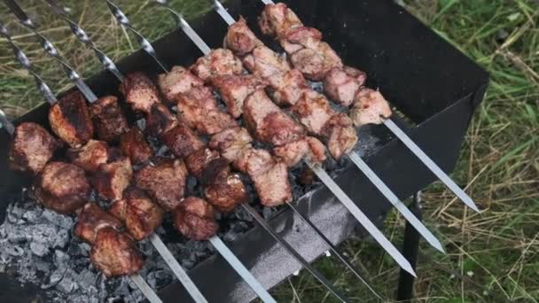 Shashlik Espetos São Cozidos Churrasco Natureza Livre Carne Porco Suculenta — Vídeo de Stock