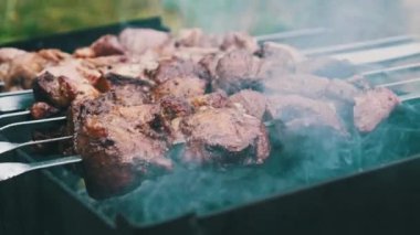 Şişler üzerindeki şiş kebaplar doğadaki ızgarada pişirilir. Kızarmış sulu domuz eti, mangalda metal şişte kızartılıyor, yakın plan. Yaz pikniğinde mangal kömürlü ve dumanlı. 4K