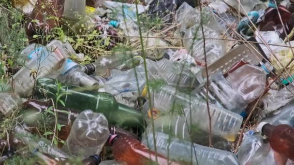 森の中のプラスチックとボトルのゴミ捨て場 自然界の合成廃棄物の山 環境問題 地面に不法なゴミ捨て場がある たくさんのゴミが森に投げ込まれた エコロジカル災害 — ストック動画