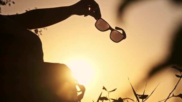 Eine Frau Hält Eine Sonnenbrille Gegen Den Sonnenuntergang Die Silhouette — Stockvideo