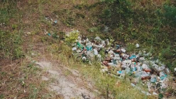 Nielegalne Wysypisko Plastiku Butelek Leśnej Dziurze Zanieczyszczenie Lasów Przez Człowieka — Wideo stockowe