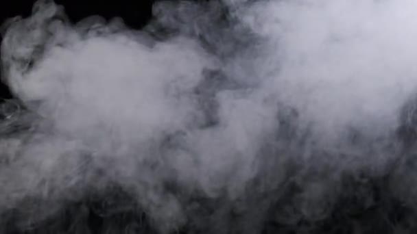 スローモーション4Kでブラックバックグラウンドで煙や蒸発のジェットストリーム 爆発スチーム 白い煙が上昇する フローティングフォグ 本物の大気効果 煙の質の抽象粒子 コピースペース — ストック動画