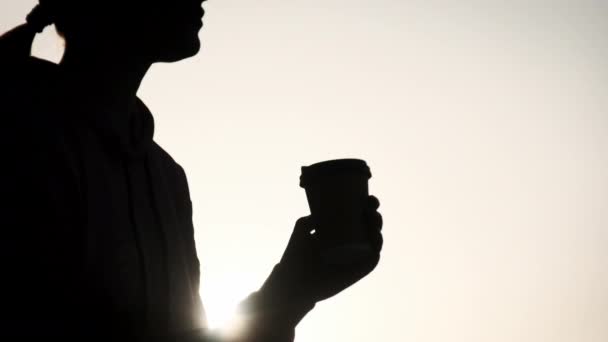 Silhouette Young Woman Drinks Warm Coffee Beautiful Sunset Sky Slow — Stock Video