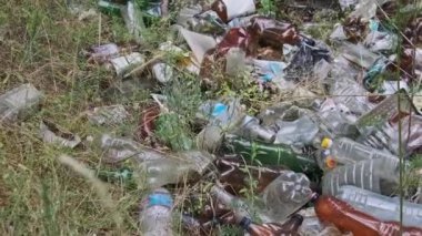 Orman çukurunda yasadışı plastik ve şişe çöplüğü. Ormanların insan kirliliği. Doğada sentetik atık yığını. Tahtada bir sürü çöp var. İnsanlar tarafından bir yere atılan çöpler.