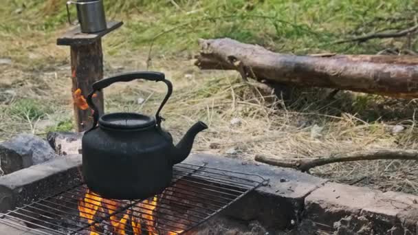 Gammel Kedel Stående Turist Lejrbål Naturen Blackened Med Sod Røget – Stock-video