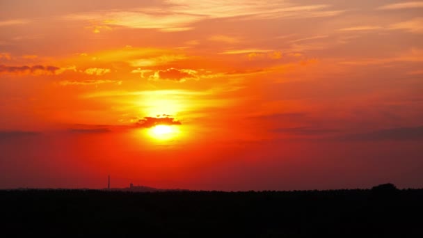 柔らかい雲 タイムラプスでオレンジ色の空の地平線の上の夕日 4Kについて 明るい太陽が地平線の上に沈んでいる エピック 鮮やかな色 タイムラウンド サンダウン — ストック動画