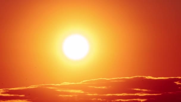 タイムラプスの素晴らしい夕日が雲でオレンジ色の空に降りてきます 明るいオレンジ色の太陽は 層状の雲の背後にある地平線の上に移動します エピッククラウドスペース 鮮やかな色 タイムラップス サンダウン — ストック動画