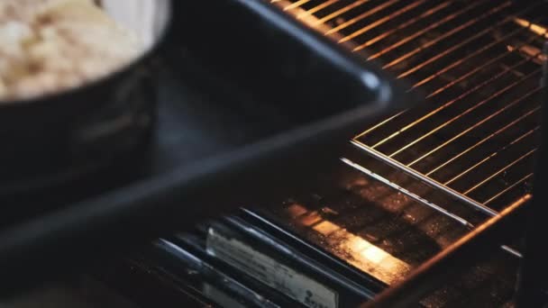 Μαγειρεύω Σπιτική Πίτα Στο Φούρνο Γυναικεία Χέρια Τραβώντας Ταψί Μηλόπιτα — Αρχείο Βίντεο