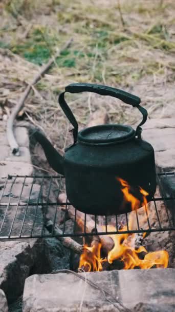 竖直烟熏的茶壶是用石子铺在地面上的自制旅游炉上的开水 古老的水壶矗立在大自然的旅游篝火上 在森林里用篝火煮茶 — 图库视频影像