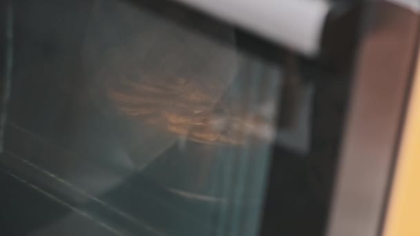 Vrouw Opent Glazen Deur Van Oven Trekt Een Dienblad Met — Stockvideo