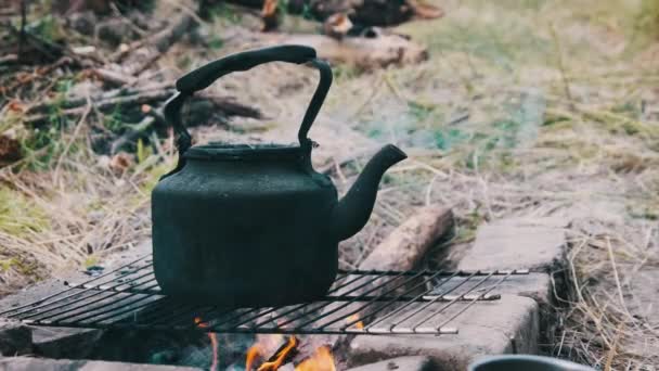 スモークされたティーポットは 地面に石で作られた自作の観光用ストーブの上に沸騰した水です 自然の中で観光キャンプファイヤーに立っている古いヴィンテージケトル 森でボンファイアでお茶を作る — ストック動画