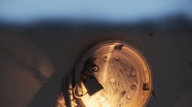 Merdiven boşluğundaki beton duvarda, kırık bir lambanın üzerinde eski bir parlak ampul parlıyor. Filament lambası, duvarda örümcek ağlarıyla sabitlenmiş eski bir elektrik kartuşunda loş bir şekilde parıldıyor..