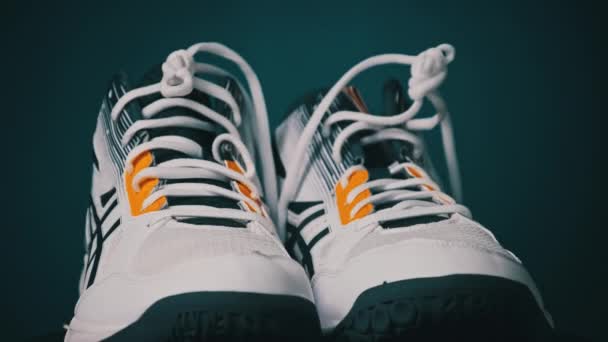 Los Nuevos Zapatos Voleibol Deportivo Giran Cerca Par Modernas Zapatillas — Vídeos de Stock