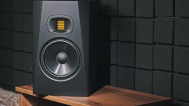 Stüdyo monitör hoparlörü bir kayıt stüdyosundaki bas müzik yüzünden titreşiyor, yakın plan. Modern hoparlör zarı ağır çekimde yüksek sesle şarkı dinlerken hareket eder. Düşük frekansta bas hoparlörü çalışıyor. HiFi