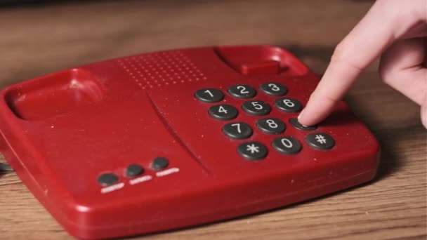 Calling 911 Old Vintage Red Telephone Man Hand Presses Dial — Stock Video