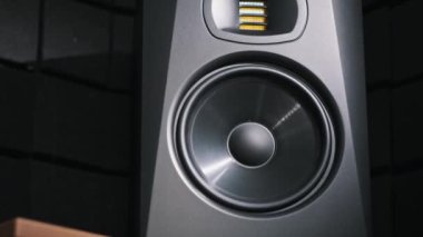 Stüdyo monitör hoparlörü bir kayıt stüdyosundaki bas müzik yüzünden titreşiyor, yakın plan. Modern hoparlör zarı ağır çekimde yüksek sesle şarkı dinlerken hareket eder. Düşük frekansta bas hoparlörü çalışıyor. HiFi
