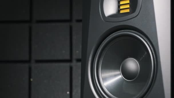 スタジオベーススピーカーは レコーディングスタジオで大きな音楽から振動し クローズアップします 低音の音から低速の動きでポンプを送る現代スピーカー膜 低周波で動作する低音コーン ハイファイサウンドシステム — ストック動画