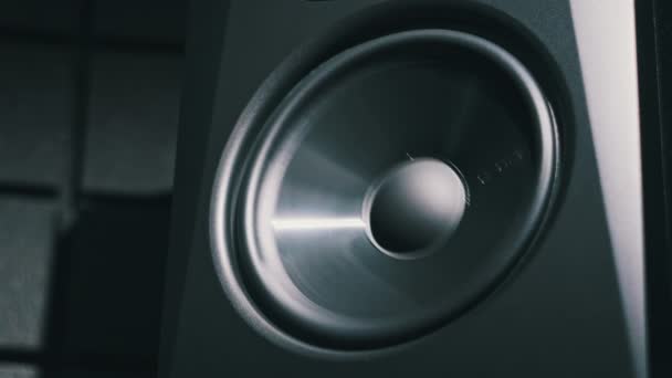 工作室监视器扬声器从低音音乐震动在录音室 现代扬声器膜在慢动作中一边听着响亮的歌曲一边运动 低频工作扬声器 Hifi — 图库视频影像
