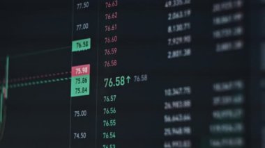 Şifreli döviz şeması. Fiyat evrimiyle kripto ticareti. Borsa grafiği. Ekranda şifreli işlem grafiği var. Taşınan maliye grafiği, çubukları, tekliflerin arkaplanı ve teklifler.