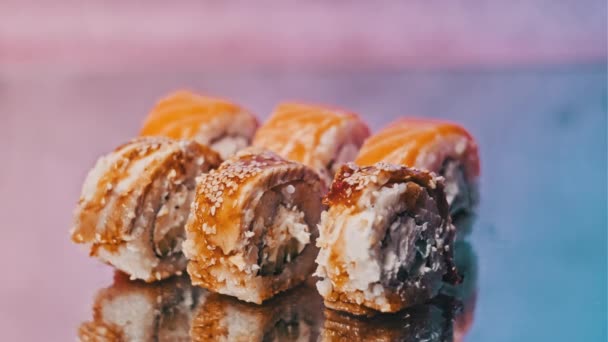 Chopsticks Taking One Sushi Roll Set Sushi Close Fresh Japanese — Stock Video
