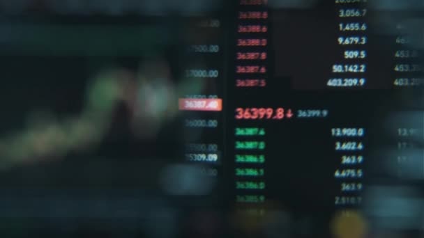 ラップトップ画面でガラスを拡大して暗号通貨の成長のグラフを分析します 証券取引所のビットコイン暗号化チャート デジタルマネー バンキング ビジネス Btc — ストック動画